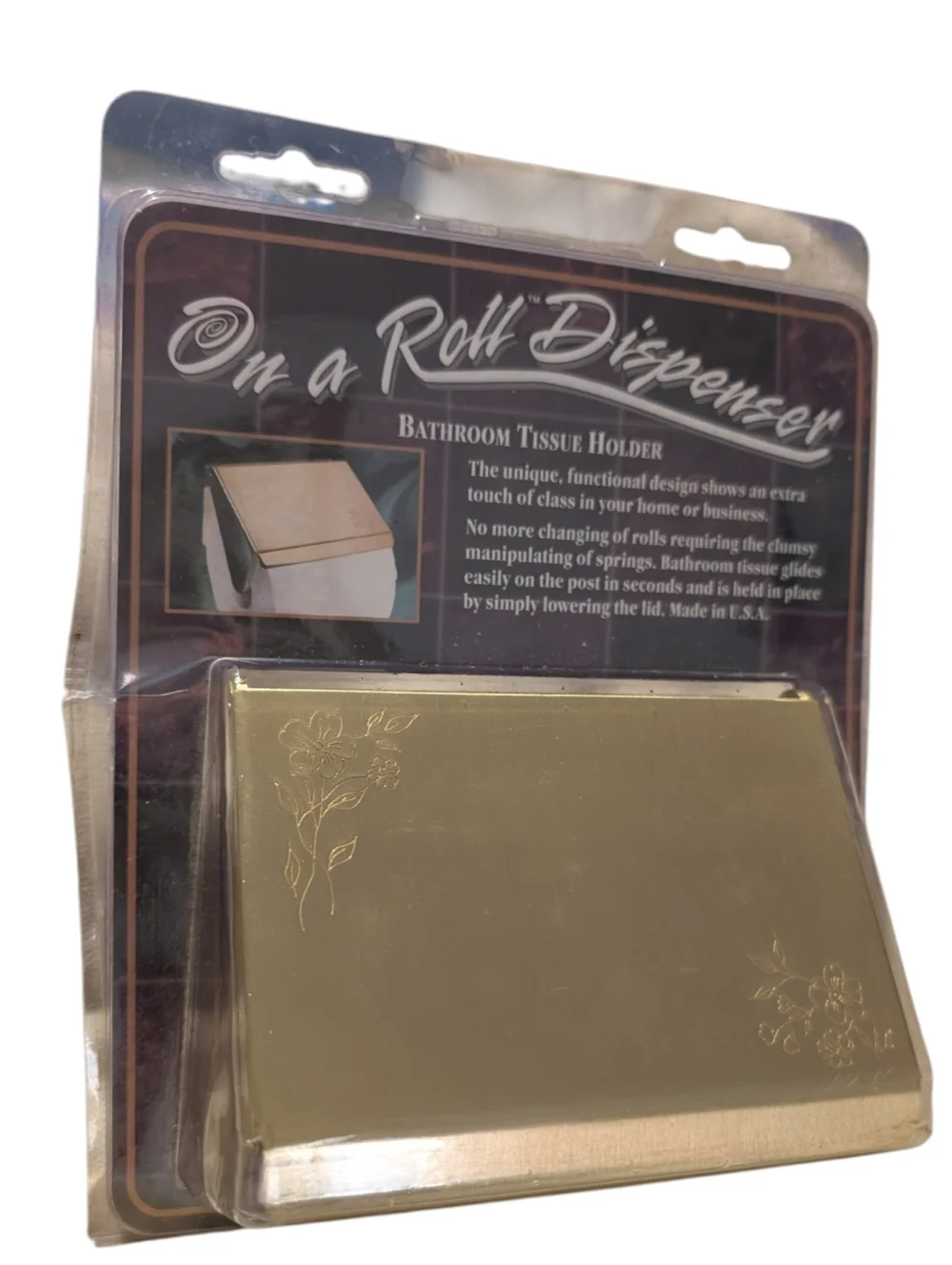 Rare vintage Solid Brass metal engraved‎ gold floral toilet paper Holder NIP